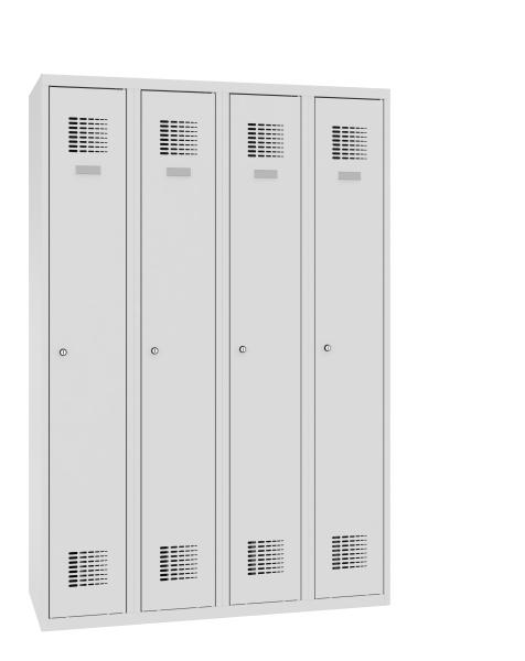 Lichtgrauer Kleiderwäscheschrank vor einem weißen Hintergrund und vier Flügeltüren mit Lochbild. Der Schrank hat 4 Abteile. Wahlweise mit Zylinder oder Drehriegel.